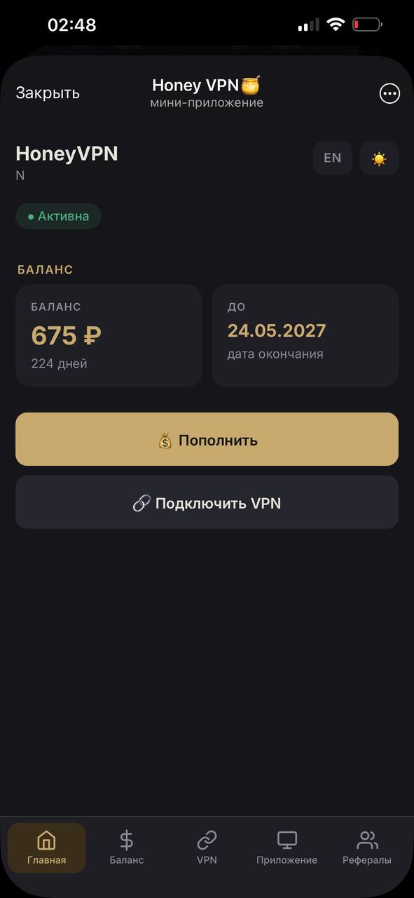 HoneyVPN — Telegram Mini App на iPhone · тёмная тема