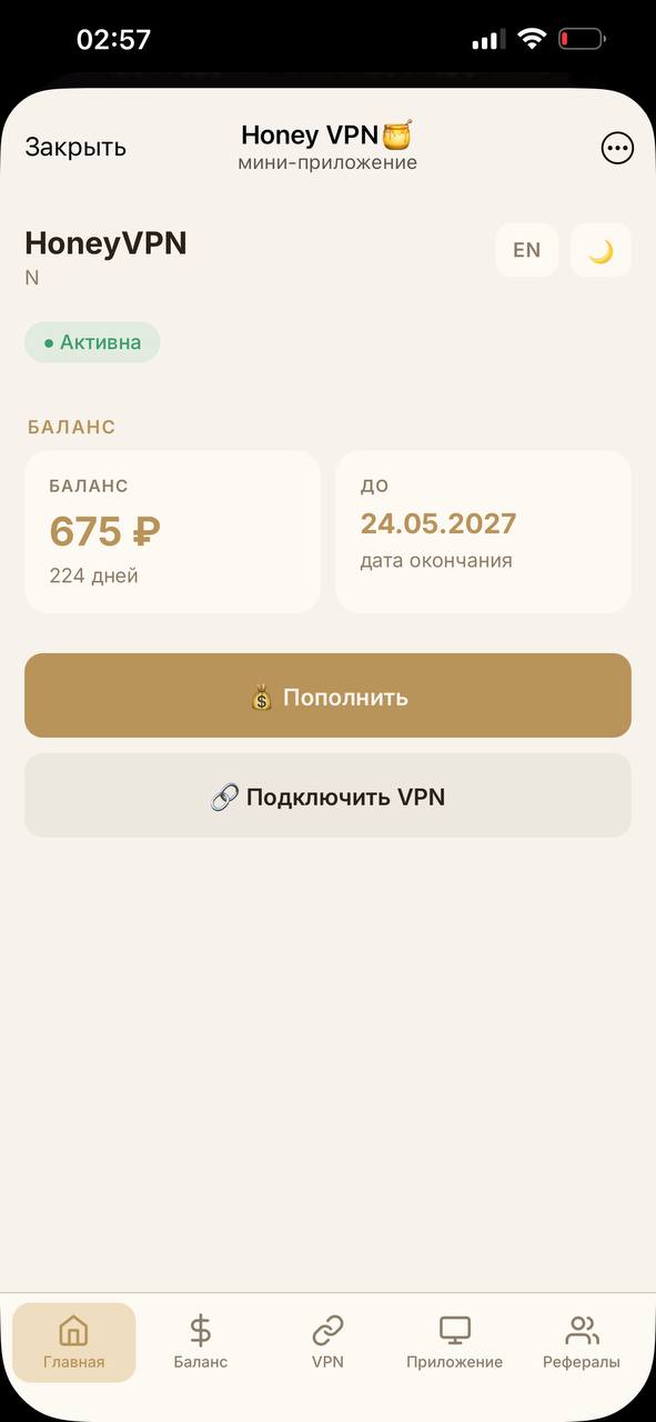 HoneyVPN — Telegram Mini App на iPhone · светлая тема